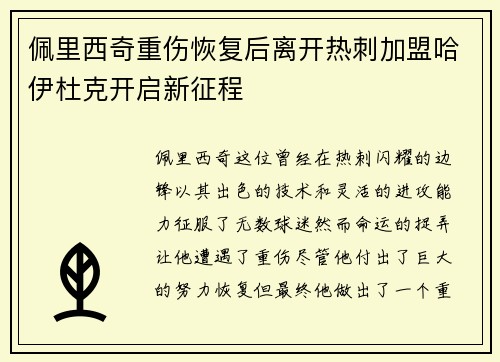 佩里西奇重伤恢复后离开热刺加盟哈伊杜克开启新征程